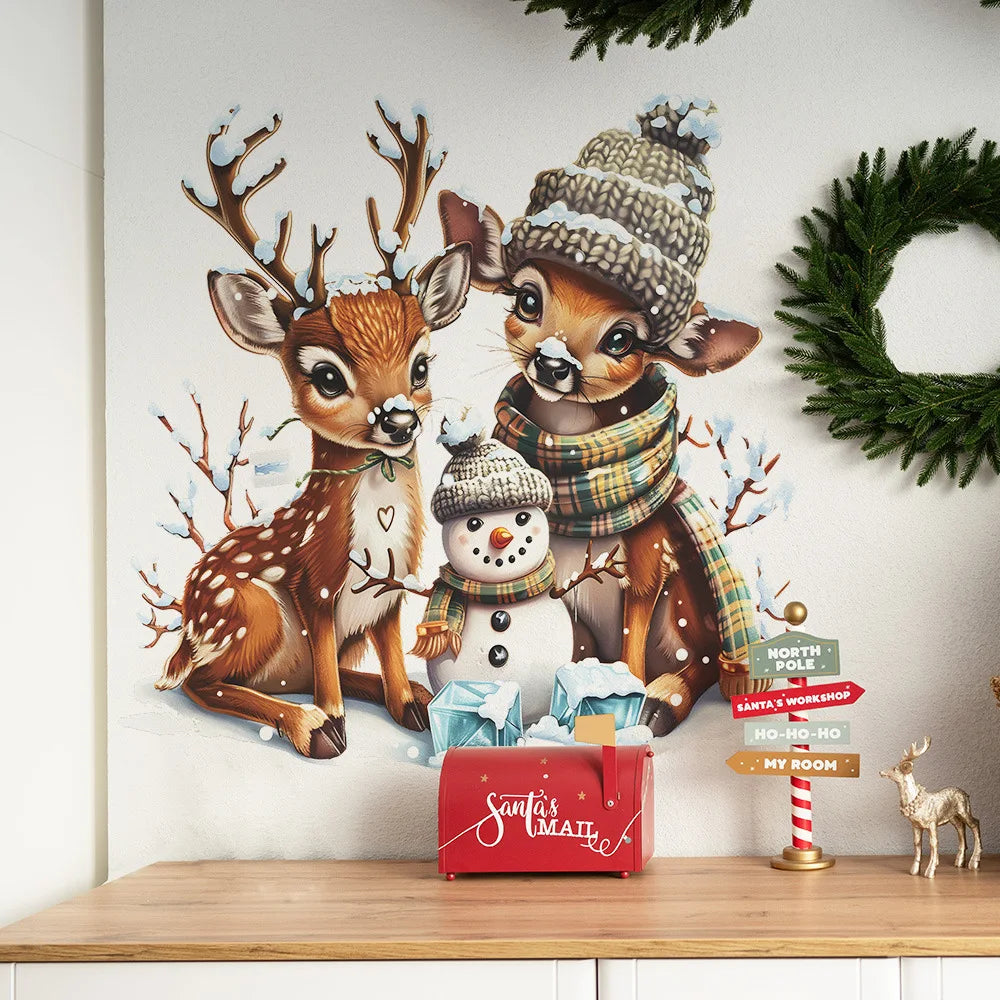 Christmas Reindeer & Snowman Wall Decal – Cozy Winter Woodland Scene