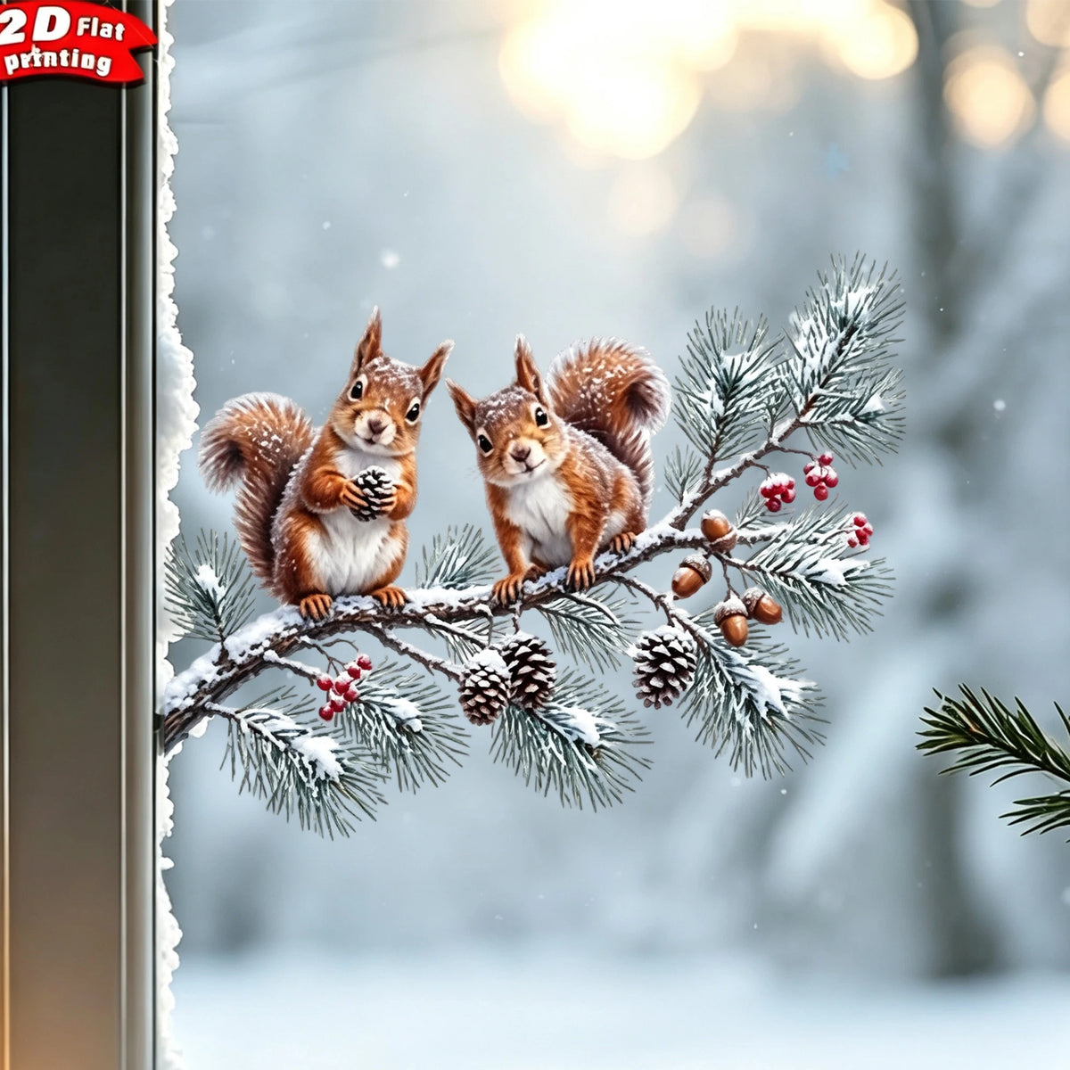 Winter Squirrel Window Cling – Snowy Pine Branch & Red Berry Decoration