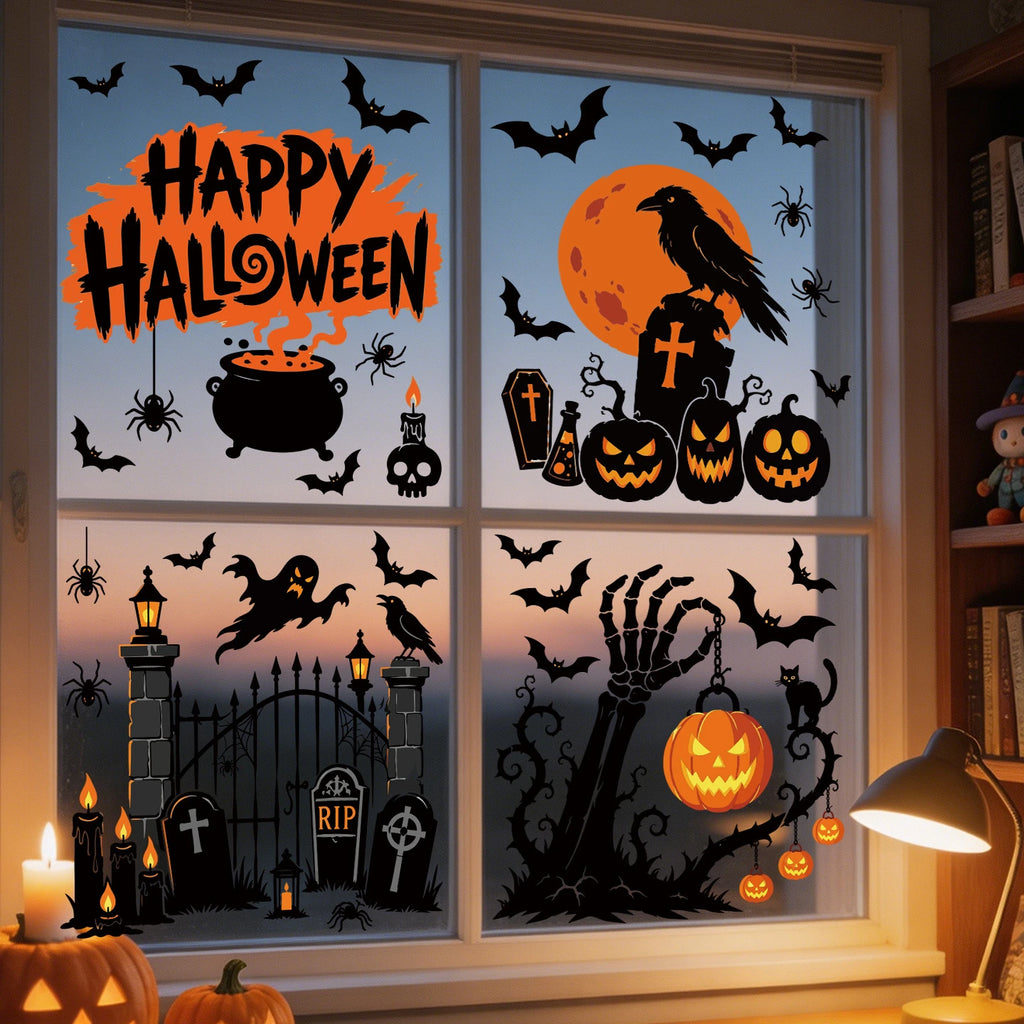 2-Piece Halloween Window Cling Set – Ghosts, Pumpkins & Bats