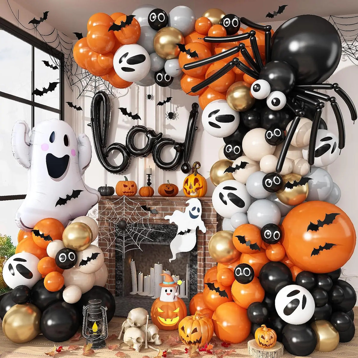Black & White Halloween Balloon Arch Garland Kit – Ghost, Skeleton & BOO Party Decorations