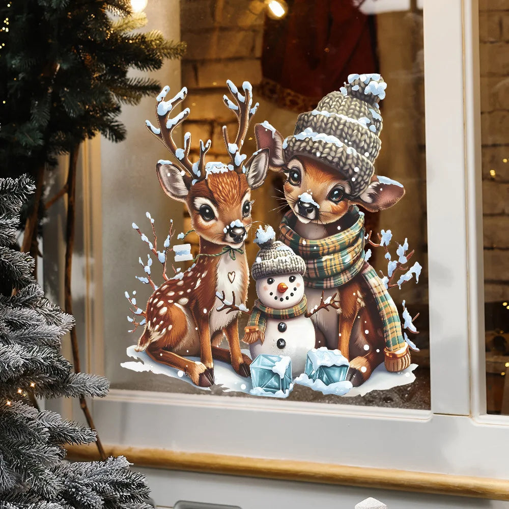 Christmas Reindeer & Snowman Wall Decal – Cozy Winter Woodland Scene