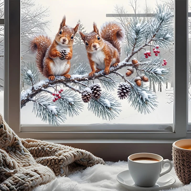 Winter Squirrel Window Cling – Snowy Pine Branch & Red Berry Decoration