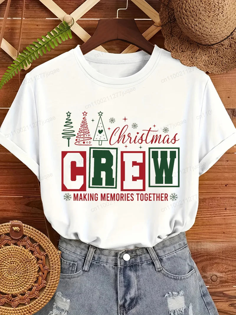 Christmas Crew Making Memories Together Print T-Shirts Trendy Fashion Tee Shirts Short Sleeve Tshirts Holiday Party T-Shirt Gift