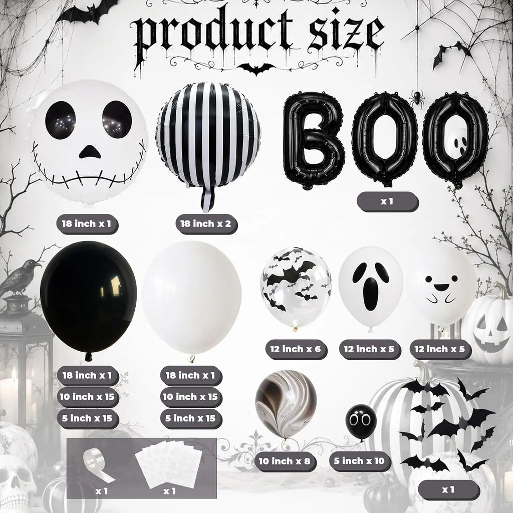 Black & White Halloween Balloon Arch Garland Kit – Ghost, Skeleton & BOO Party Decorations