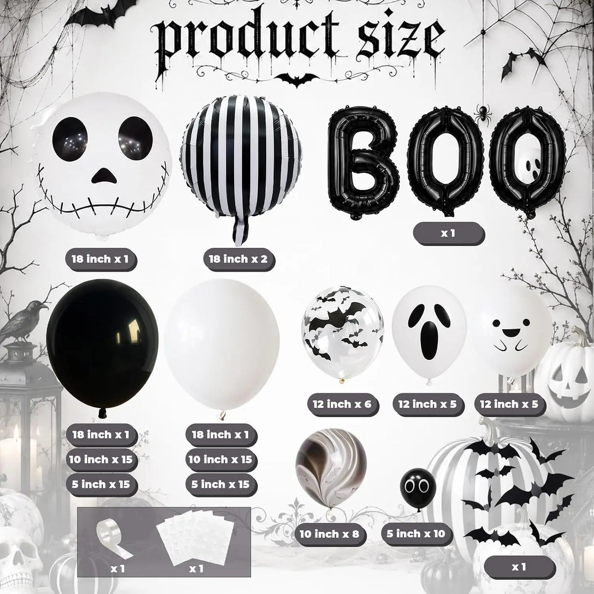 Black & White Halloween Balloon Arch Garland Kit – Ghost, Skeleton & BOO Party Decorations