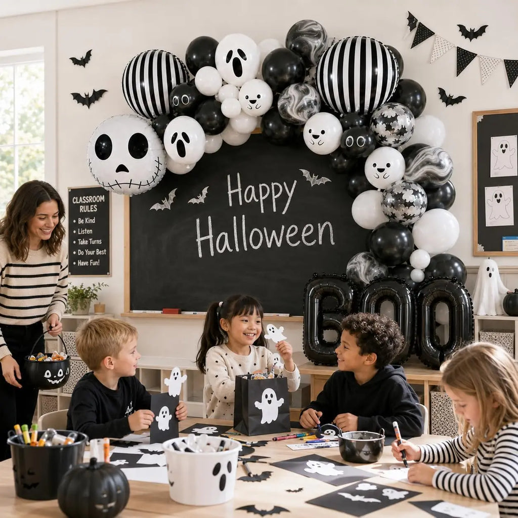 Black & White Halloween Balloon Arch Garland Kit – Ghost, Skeleton & BOO Party Decorations