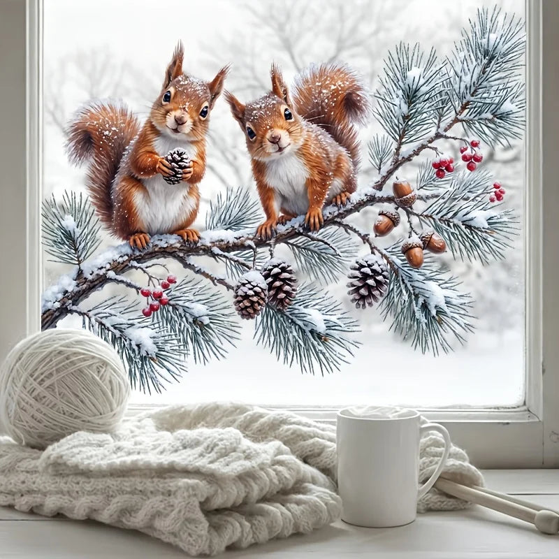 Winter Squirrel Window Cling – Snowy Pine Branch & Red Berry Decoration