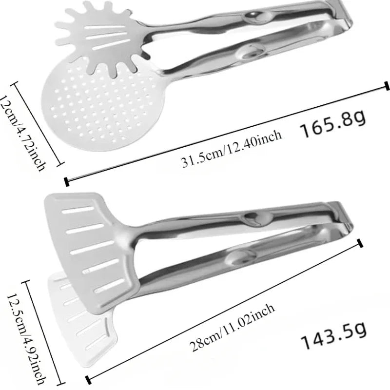Food Clamp Spatula Tongs Stainless Steel Multi-Function Slotted Double Clip for Bread Egg Steak Grill Durable Cooking Tools