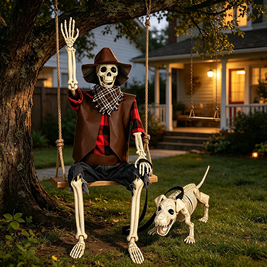 36" Posable Cowboy Skeleton & Dog Halloween Yard Decor 💀🐶🤠