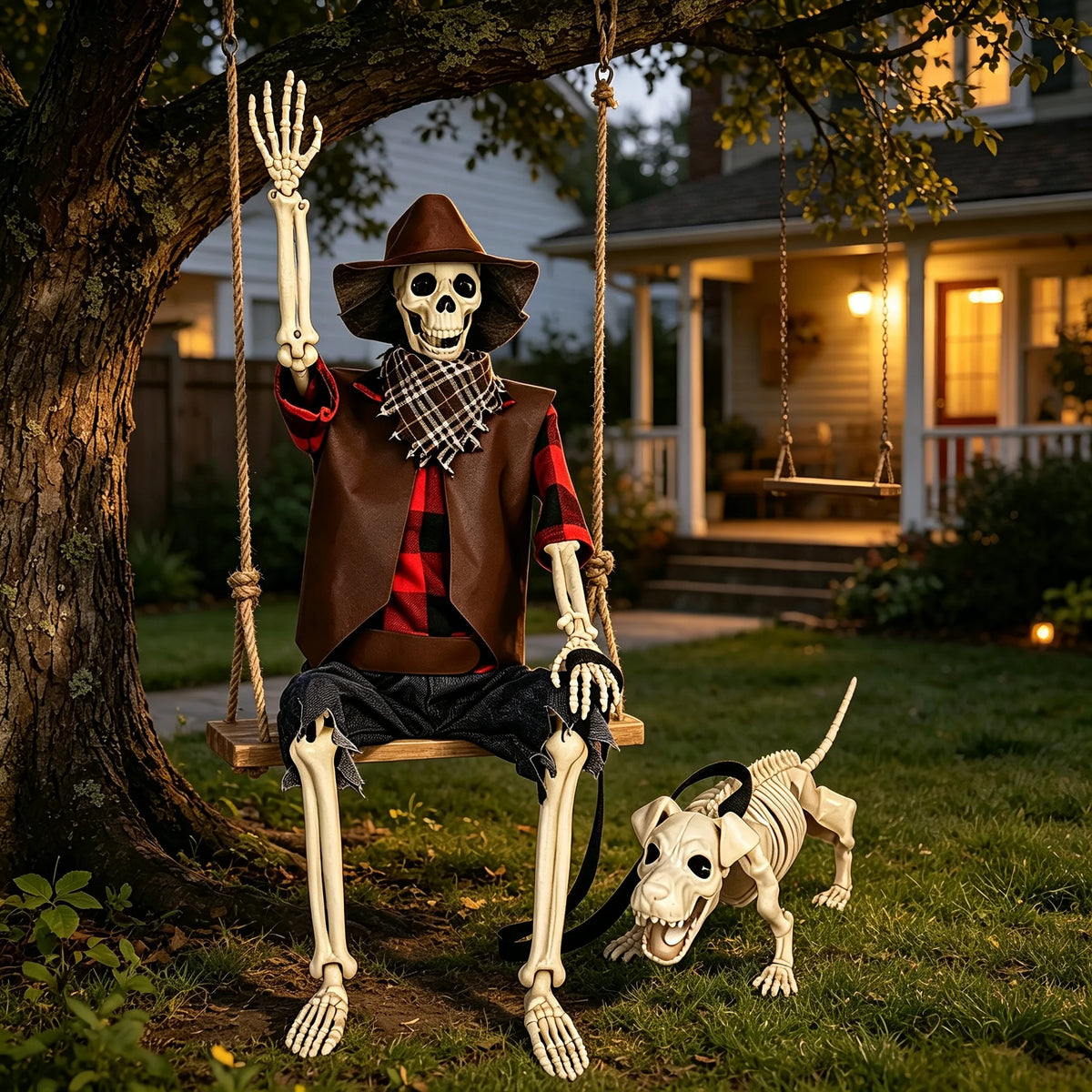 36" Posable Cowboy Skeleton & Dog Halloween Yard Decor 💀🐶🤠