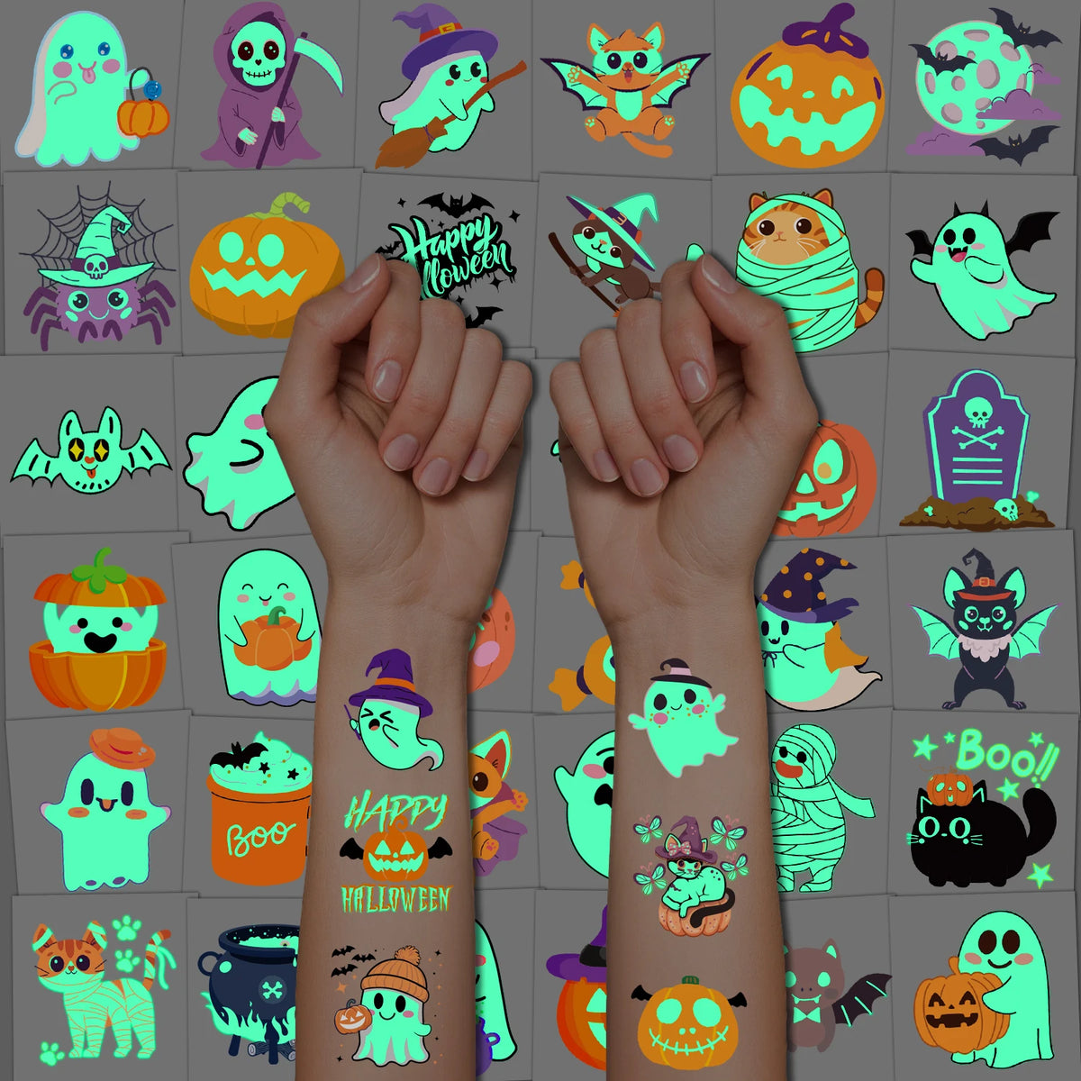 Glow-in-the-Dark Halloween Temporary Tattoos – 36 Sheets, 55 Designs