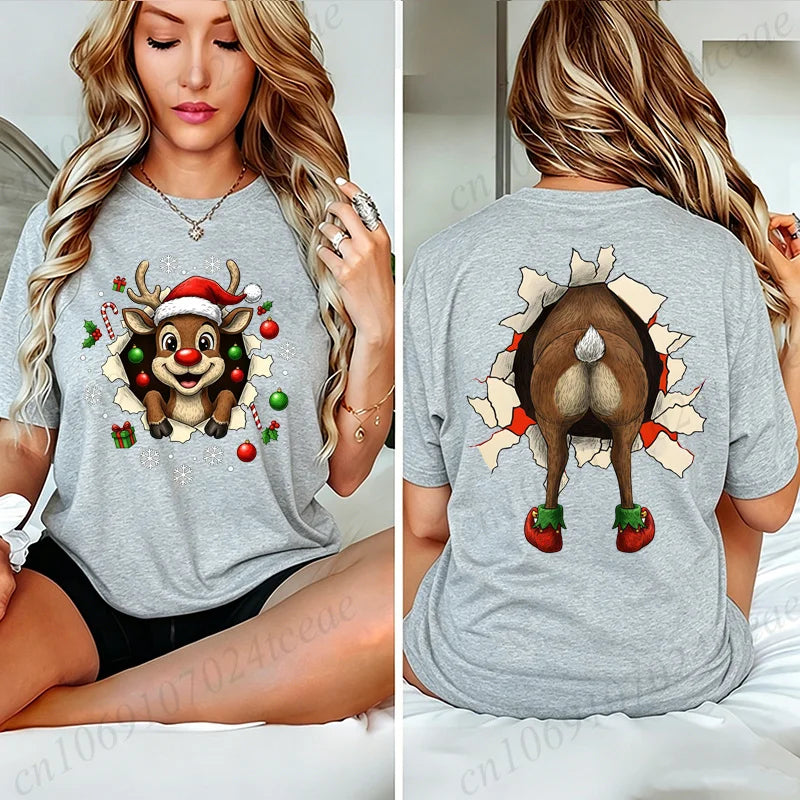 Christmas Reindeer Print T-shirt Women Harajuku Sleeve Casual Clothing Street Tops Tees Funny Xmas Aesthetic Clothes Gifts