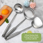 3 pcs, Anti-Scald Wok Spatula, Ladle and Large Slotted Spoon, Stainless Steel Wok Utensils All Metal, Utensils Skimmer Ladle Tool Set for Steel Cooking Baking, Dishwasher Safe, 15in, Kitchen Utensils, for Home, Canteen and Re