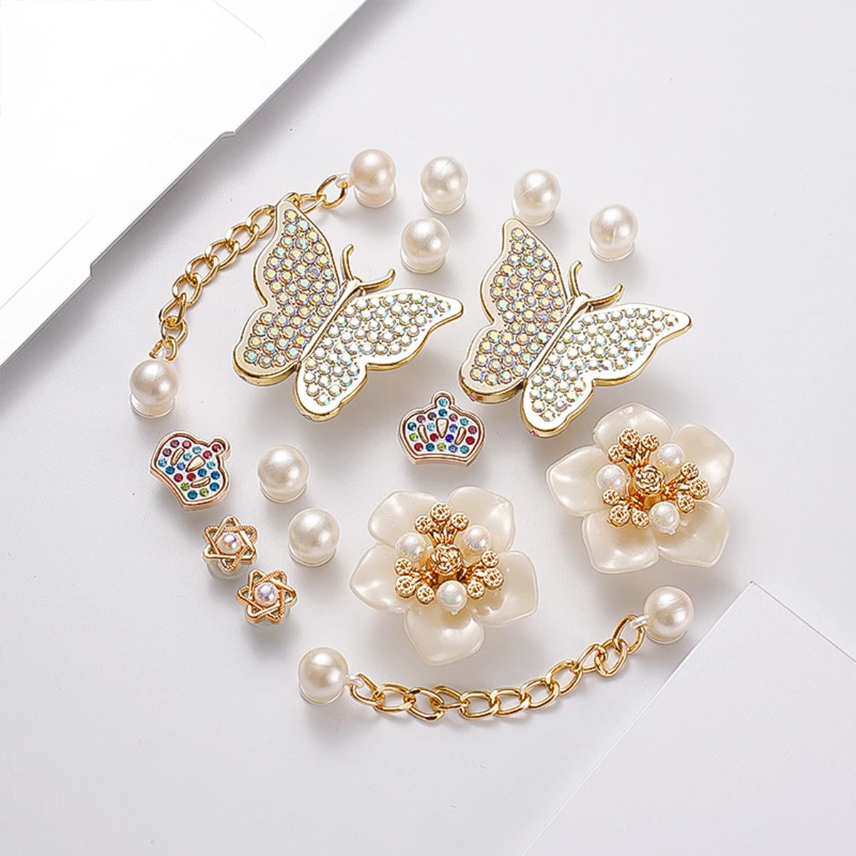 Pearl & Rhinestone Shoe Charm Sets – Glam Clog Accessories with Chains, Butterflies & Flowers