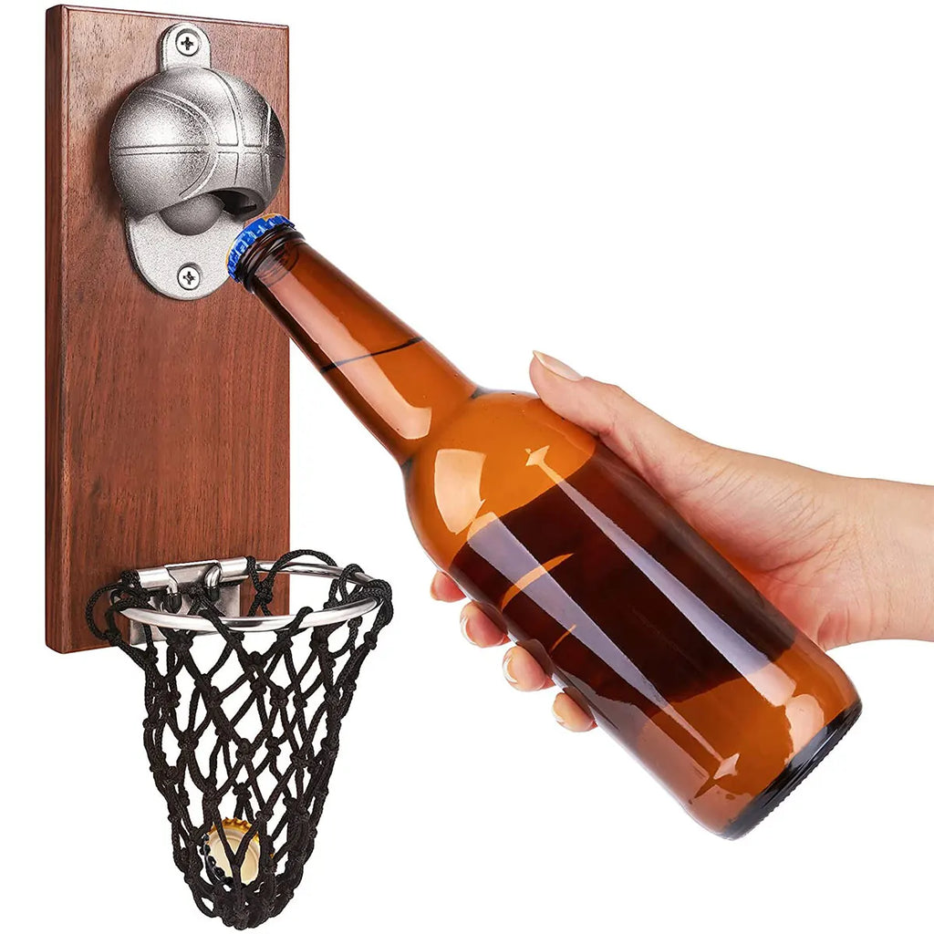 Wall-Mounted Bottle Opener with Cap Catcher – Rustic Wood Bar Accessory