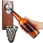 Wall-Mounted Bottle Opener with Cap Catcher – Rustic Wood Bar Accessory