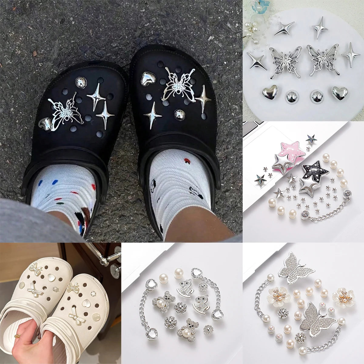 Pearl & Rhinestone Shoe Charm Sets – Glam Clog Accessories with Chains, Butterflies & Flowers