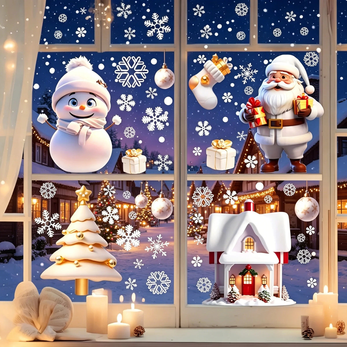 Christmas Window Cling Decorations – Santa, Snowman & Snowflakes Set