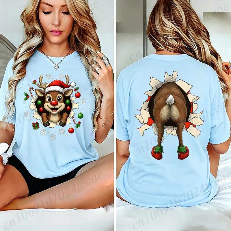 Christmas Reindeer Print T-shirt Women Harajuku Sleeve Casual Clothing Street Tops Tees Funny Xmas Aesthetic Clothes Gifts