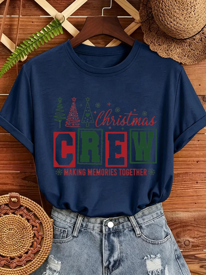 Christmas Crew Making Memories Together Print T-Shirts Trendy Fashion Tee Shirts Short Sleeve Tshirts Holiday Party T-Shirt Gift