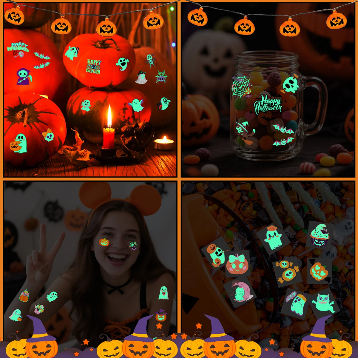 Glow-in-the-Dark Halloween Temporary Tattoos – 36 Sheets, 55 Designs