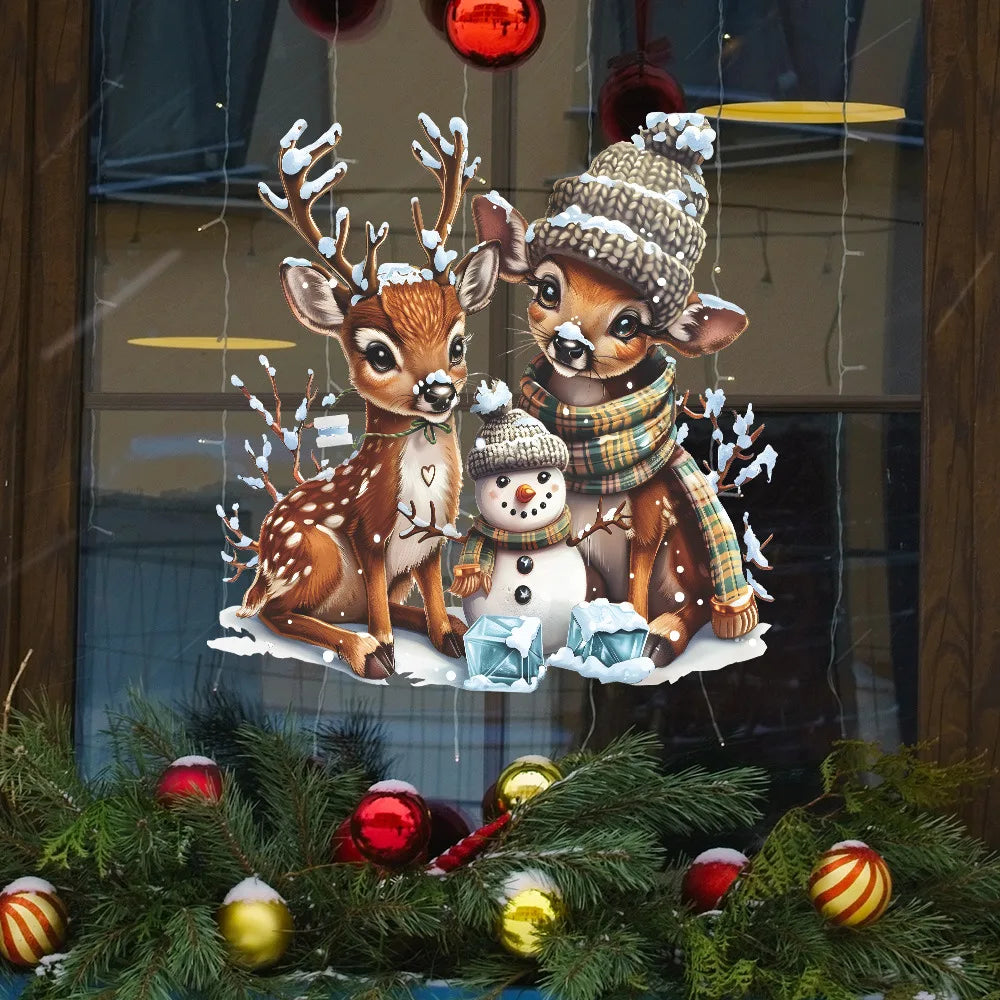 Christmas Reindeer & Snowman Wall Decal – Cozy Winter Woodland Scene