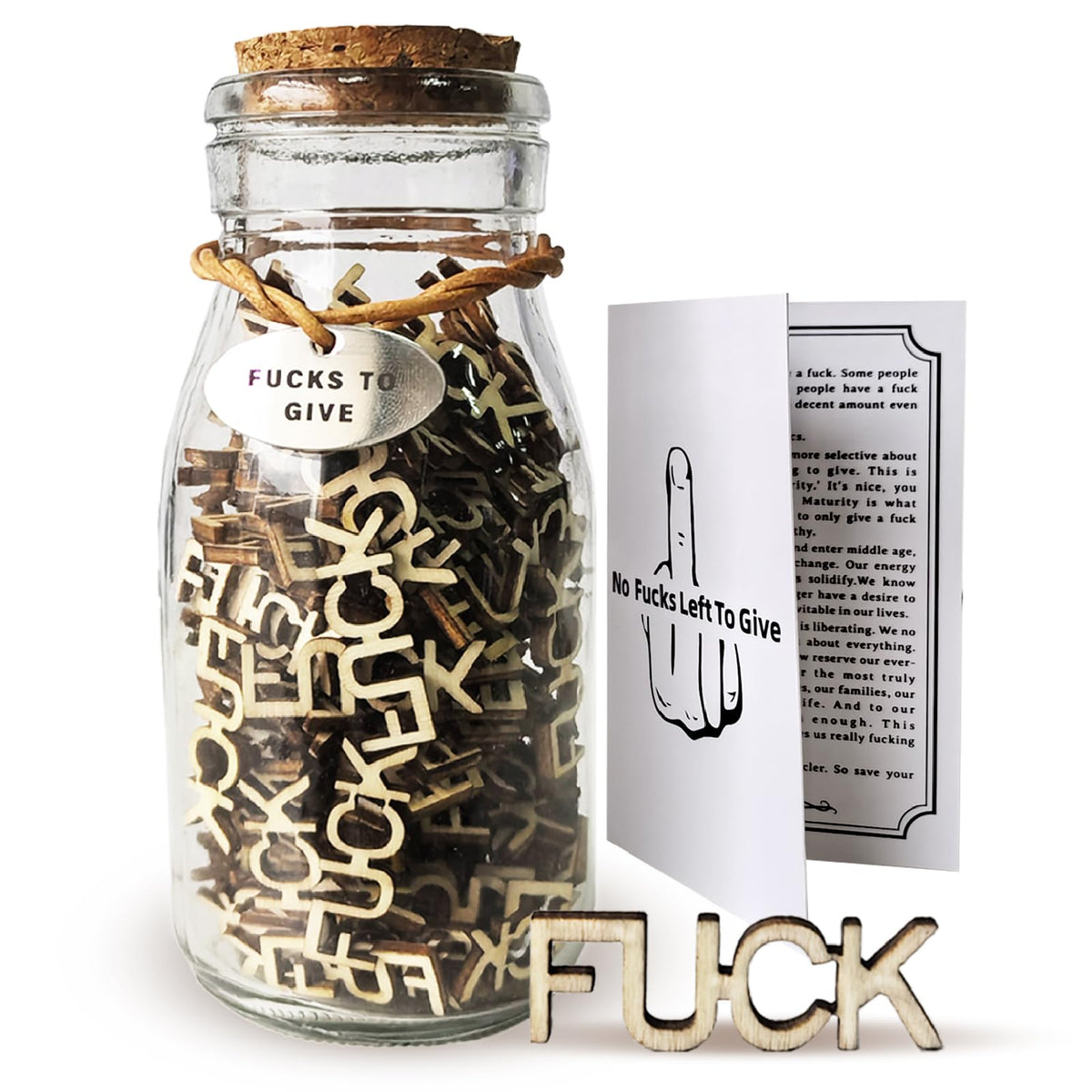 Jar of Fucks to Give Fuck Jar Gag Gifts 100 Fu c k s Wooden Letters in A Jar with Metal Tag